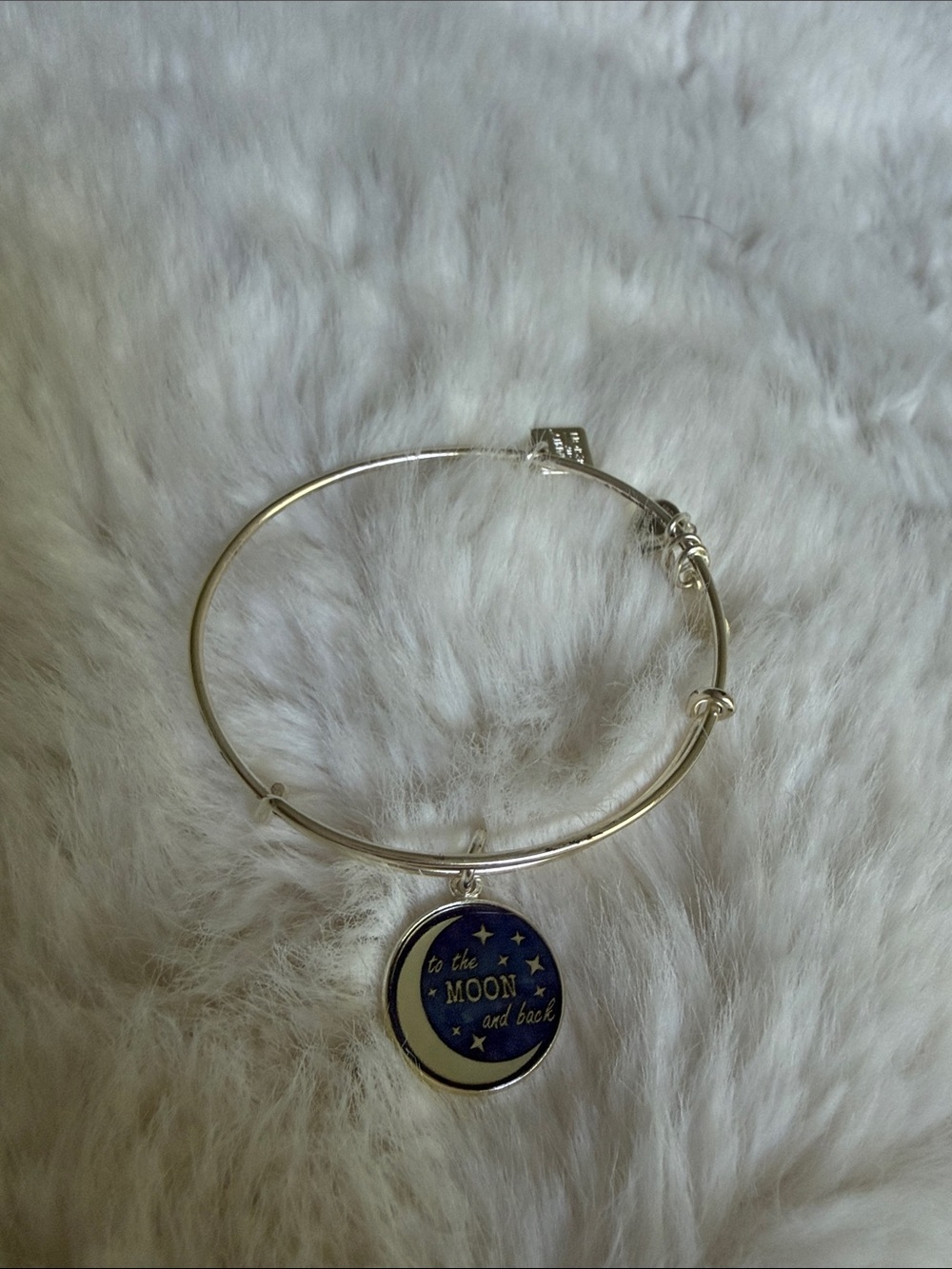 Alex and Ani Silver Tone Bangle with Blue 'To the Moon and Back' Charm